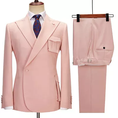 Men's Pink Double Breasted Suit Peak Lapel Groom Tuxedos Wedding Dinner Suit • $89.99