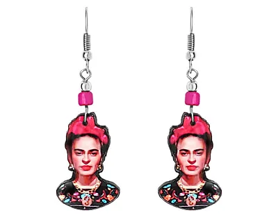 Frida Inspired Face Dangle Earrings Mexican Artist Womens Jewelry Hot Pink Black • $13.99