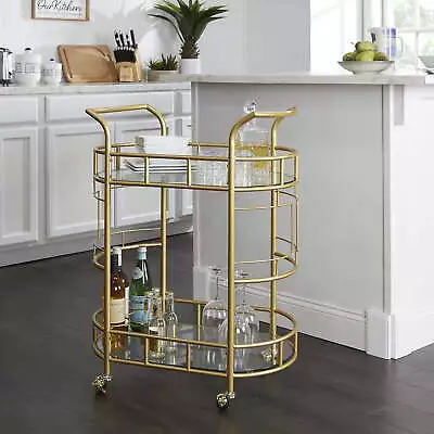  2-Tiers Bar Cart Party Rolling Cart Serving Cart With Matte Gold Metal Finish • $113.89