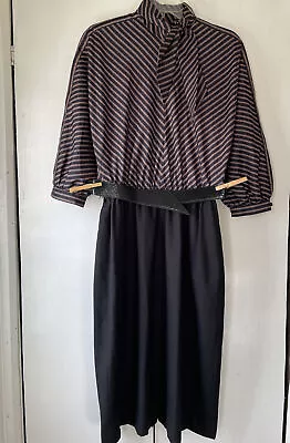 Vintage 1980s Herman Marcus Studio Black Business Scarf Dress With Belt Size 12 • $18.99