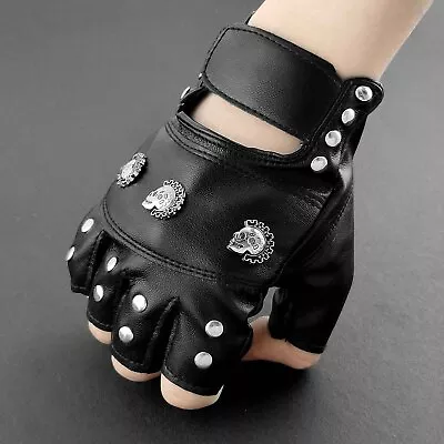  Rivet Leather Gloves Skull Biker Steampunk Motorcycle Fingerless Gloves Women • $23