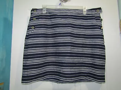 LOFT Navy Blue And White Striped SKIRT Ann Taylor Sailor Buttons Size 14 • £7.60