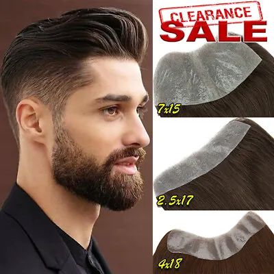 Full PU Mens Toupee Human Hair Replacement System Hairline Cover-up Hairpiece UK • £45.77