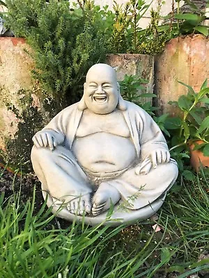 Fat Buddha Laughing Travelling Stone Garden Ornament Meditating Wealth Statuezen • £36.95