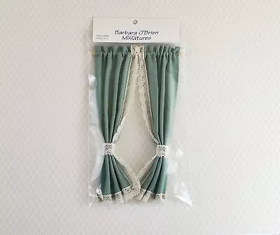 Dollhouse Miniature Curtains Green With Lace & Curtain Rod 1:12 Scale Handmade • $14.75