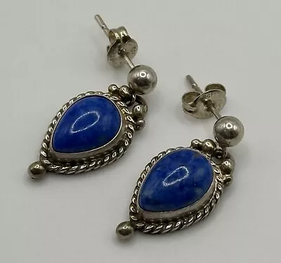 Vintage Native American Southwest Sterling Lapis Dangle Cable Earrings Signed RJ • $29.99