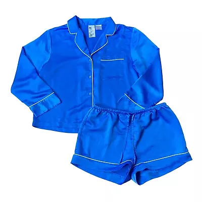 H&M Satin Pajama Set Women's Medium Blue Button Up Top & Shorts Sleepwear • $19.99