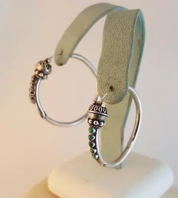 $39.95 • Buy Artisan Green & Light Blue Turquoise Sterling Silver Hoop Earrings