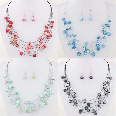 Fashion Crystal Turquoise Shell Multi-layer Necklace Earrings Set For Women Gift • $7.21