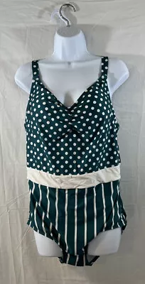 ModCloth Cleo One Piece Swimsuit Plus Size 1X Green White Dot Stripe Tank • $13.80