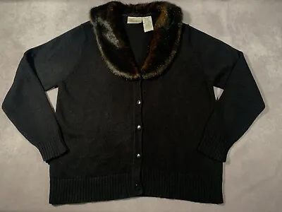 Vintage 90s Y2K Fur Collar Kathie Lee Sweater Cardigan Button Black - Large • $13.50