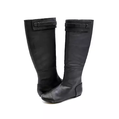 Max Studio Draping Womens 7.5 Riding Boots Black Leather Full Side Zip Cap Toe • $49.99