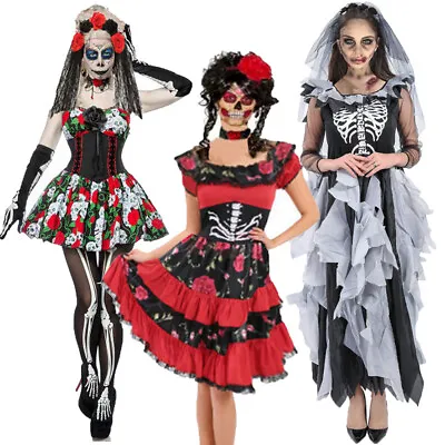 Adult Day Of The Dead Halloween Skeleton Sugar Skull Fancy Dress Costume Ladies • £22.99