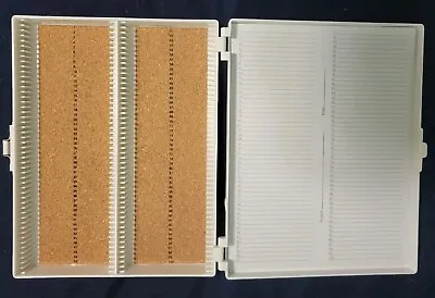 MICROSCOPE SLIDE BOX White 100 Place Cork Lined Plastic STORAGE CaseUsed Once • $5