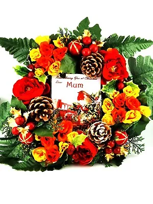 Wreath-Xmas Memorial - Hand Made. 28cm Mini Rosesconesberries & Dear Mum Card • £12.99