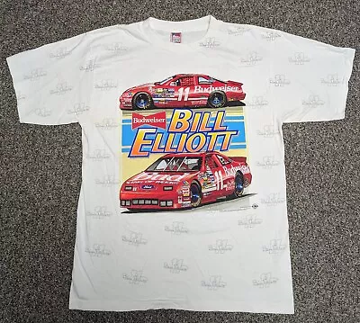 Vintage Bill Elliott Budweiser Racing Nascar Ford AOP All Over Print T Shirt XL • $34.99