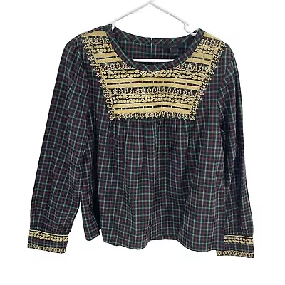 J Crew Womens Red Green Plaid Gold Embroidered Pullover Top Size Large Holiday • $19