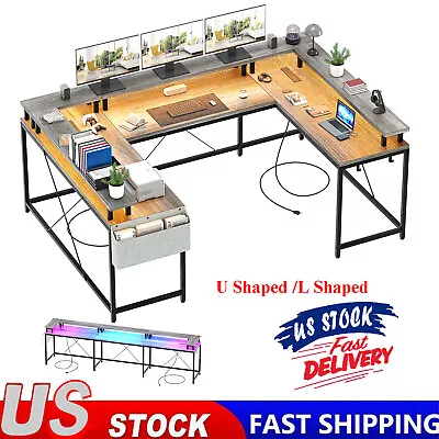 LED U Shaped Computer Gaming Desk Reversible Desk W/ Power Outlets Monitor Stand • $179.99