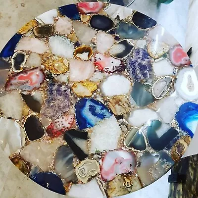 Dining Table Top Resin Art With Multicolor Agate Stone Round Marble Office Table • $5351.25