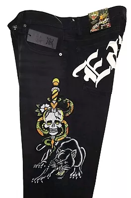 Ed Hardy Denim Jeans Black Panther & Skull Mens 34x32 Slim Fit Stretch New W/Tag • $39.99