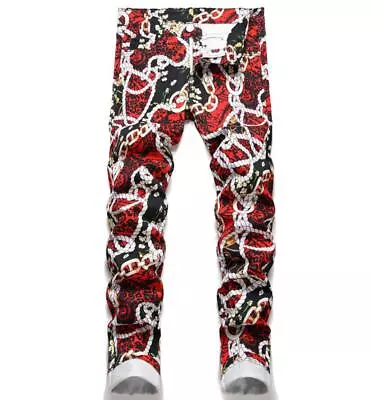 Mens Red Floral Printed Straight Leg Stretch Cotton Jeans Pants Trousers Hip Hop • $53