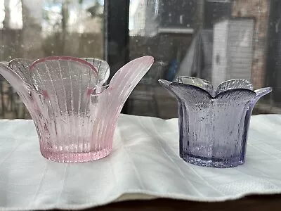 Vintage Viking 2 Petal Glass Votive Candle Flower Vases W Stickers Pink & Purple • $25.99