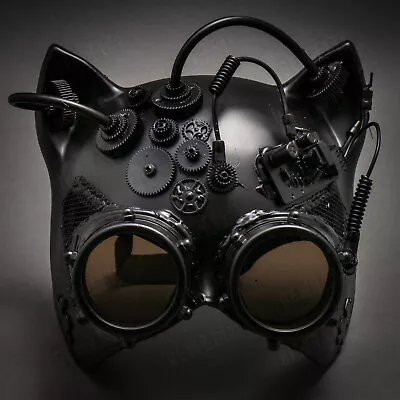 Black Halloween Metallic Steampunk Goggles Venetian Gatto Cat Mask Masquerade • $26.90