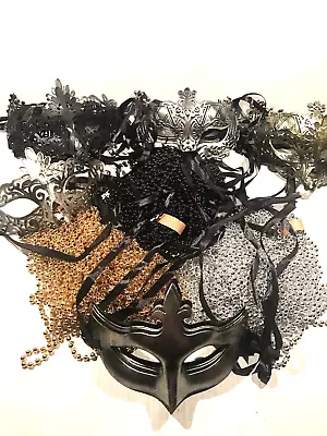 Masquerade Party Decoration Set Masks & Beads 88 Pieces Gold Silver Black NEW • $55