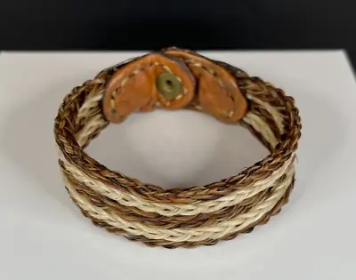 Vintage Hand Made Braided Natural & Brown Leather Snap Horse Hair Bracelet- 1687 • $34.99