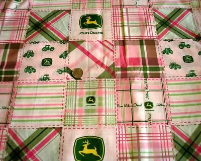 Discontinued John Deere Tractor Logo Madras Pink Green Plaid Cotton Fabric BTY • $10.95