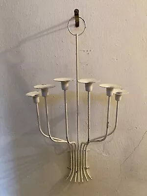 Wall-Hanging White Metal 6-Candle Candelabra Vintage RusticMid-Century Modern • $57