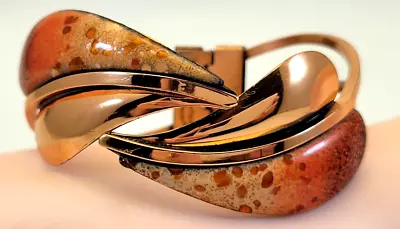 Vintage Matisse Renoir Shades Of Orange Enamel Copper Hinged Leaf Cuff  Bracelet • $75