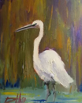 Egret By Delilah Impressionist 10x8 Oil Painting Marsh Bird Landscape • $19.99