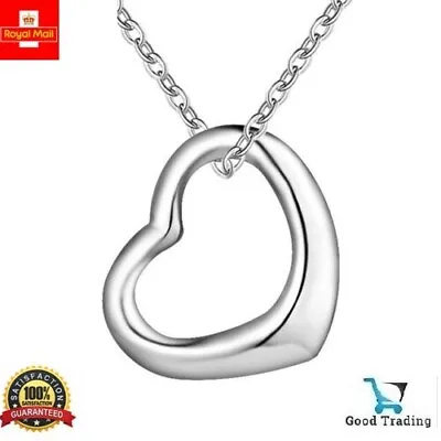 925 Sterling Silver Heart Necklace On 18  Curb Chain Love Valentines Gift • £3.50