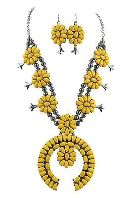 $31.50 • Buy Southwestern Western Faux Yellow Turquoise Squash Blossom Statement Necklace