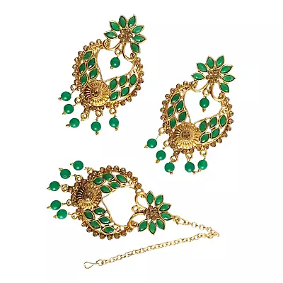 New Bridal Maang Tikka Earring Set Kundan Pearl Gold Tone Indian Green Jewelry • $12.38