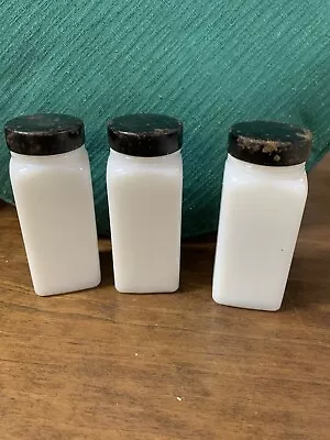 Three White Milk Glass Spice Bottles Black Vintage Lids • $8.99