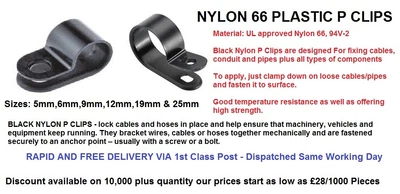 £7.99 • Buy 100 Pcs Black Nylon Plastic P Clips High Quality Fasteners For Cable Tubing Pipe