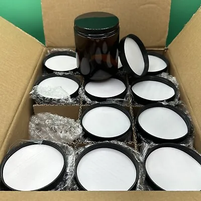 Thick Round Amber Glass Jars 8 Oz With 2 Lids Each (Metal & Plastic) 12 Pack NEW • $27.60