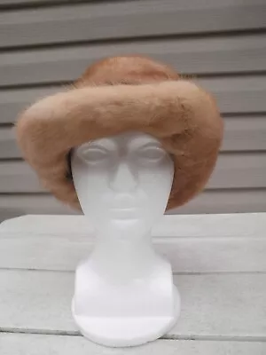 Vintage MCM Ladies Blonde Mink Hat With Khaki Trim Band & Brim  Size 22 Groovy ! • $22.95