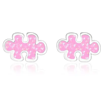 925 Sterling Silver Pink Glitter Puzzle Piece Stud Earrings. • $9.99