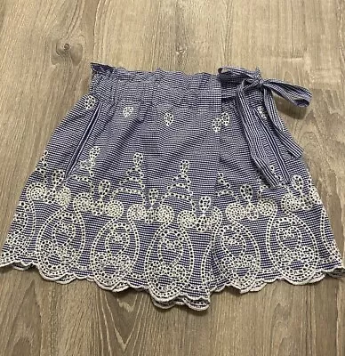 Zara Blue White Gingham Eyelet Lace Embroidered Faux Wrap Shorts - XS • $20