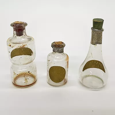 3 Antique Holman Miniature Glass Perfume Bottles Paper Label Cork Stopper Empty • $39.99