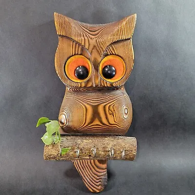 Vintage Wooden Owl Wall Hanging Key Rack Felt Eyes Mid Century Orange 12 Inch • $29.97