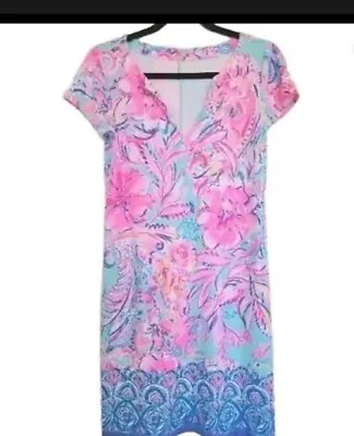 SZ S LILLY PULITZER SPANDEX RAYON  BLEND FLORAL DRESS V NECK Pink Blue White • $11.50