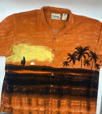 Reservoir World Wide Mens 2XL Hawaiian Surfer Palm Trees Orange Sun Shirt #G53 • $19.54