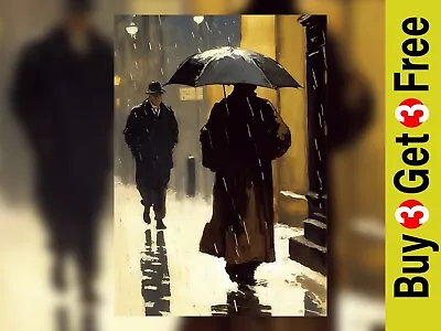 Dancing In The Rain: Two Men Walking In The Rain Oil Painting Print Urban  5 X7  • £4.99