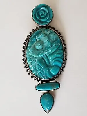 AKR Amy Kahn Russell Turquoise 925 Sterling Silver Carved Flower Pendant Brooch • $187.38