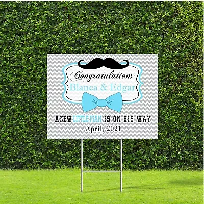 Bow Ties And Mustaches Baby Shower Sign Customizable Baby Blue Grey And White • $39.95