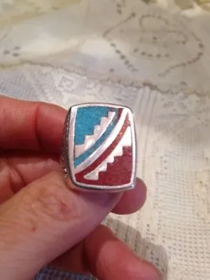 1980's Vintage Silver White Bronze Men's Southwestern Gemstone Inlay Ring • $44